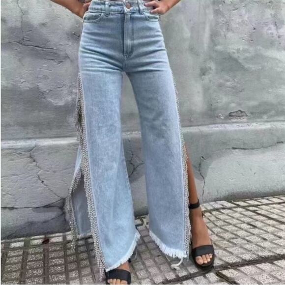 NEW Light Wash Stretch Denim Rhinestone Crystal Fringe Tassel Split Leg Jeans L - Picture 1 of 14